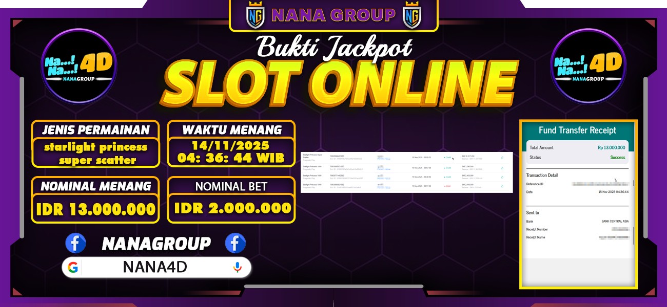 Bukti Kemenangan Besar Dibayar lunas Member NANA4D RP 13.000.000, 14 November 2025